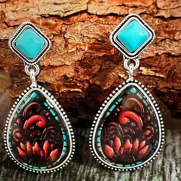 Vintage Droplet Shape Sunflower Print Dangle Earrings, Boho Western Style, Gift - Picture 9 of 10